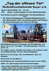 Tag der offenen Tür im Modelleisenbahnclub Geyer am 09.05. von 10-18 Uhr im Lokschuppen