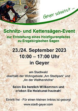 Schnitz- und Kettensägenevent "AM Stadtpark" am 23./ 24.09.23 von 10-17 Uhr: Es entsteht ein Holzfigurenpfad zu erzg. Sagen 