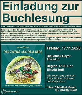 Lesung "Der Zwerg aus dem Berg" mit Autor Michael Schuster am 17.11.23 um 17 Uhr in der Bücherei Geyer, Eintritt frei