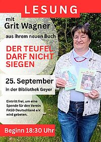 Lesung mit Grit Wagner am 25.09.2026 um 18:30  Uhr in der Bibliothek Geyer, Eintritt frei