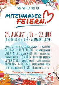 Miteinander feiern am 29.08. am Generationencafe für die ganze Familie, 14-22 Uhr