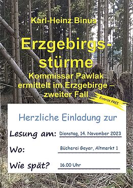 Lesung Erzgebirgskrimi Teil 2 mit dem Autor K.H. Binus am 14.11.2023 um 16 Uhr in der Bücherei Geyer, Eintritt frei