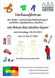 Verkaufsbörse für Kinderbekleidung, Spielsachen uvm. im Haus d Gastes Geyer am 26.3.23 von 13-17 Uhr