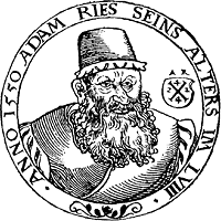 Die runde Schwar-weiß-Zeichnung zeigt ein Portrait des bärtigen Rechenmeisters Adam Ries.