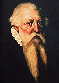 Das farbige Portrait mit schwarzem Hintergrund zeigt den ernst dreinblickenden Baumeister Hieronymus Lotter mit weißem langen Bart und Haupthaar.