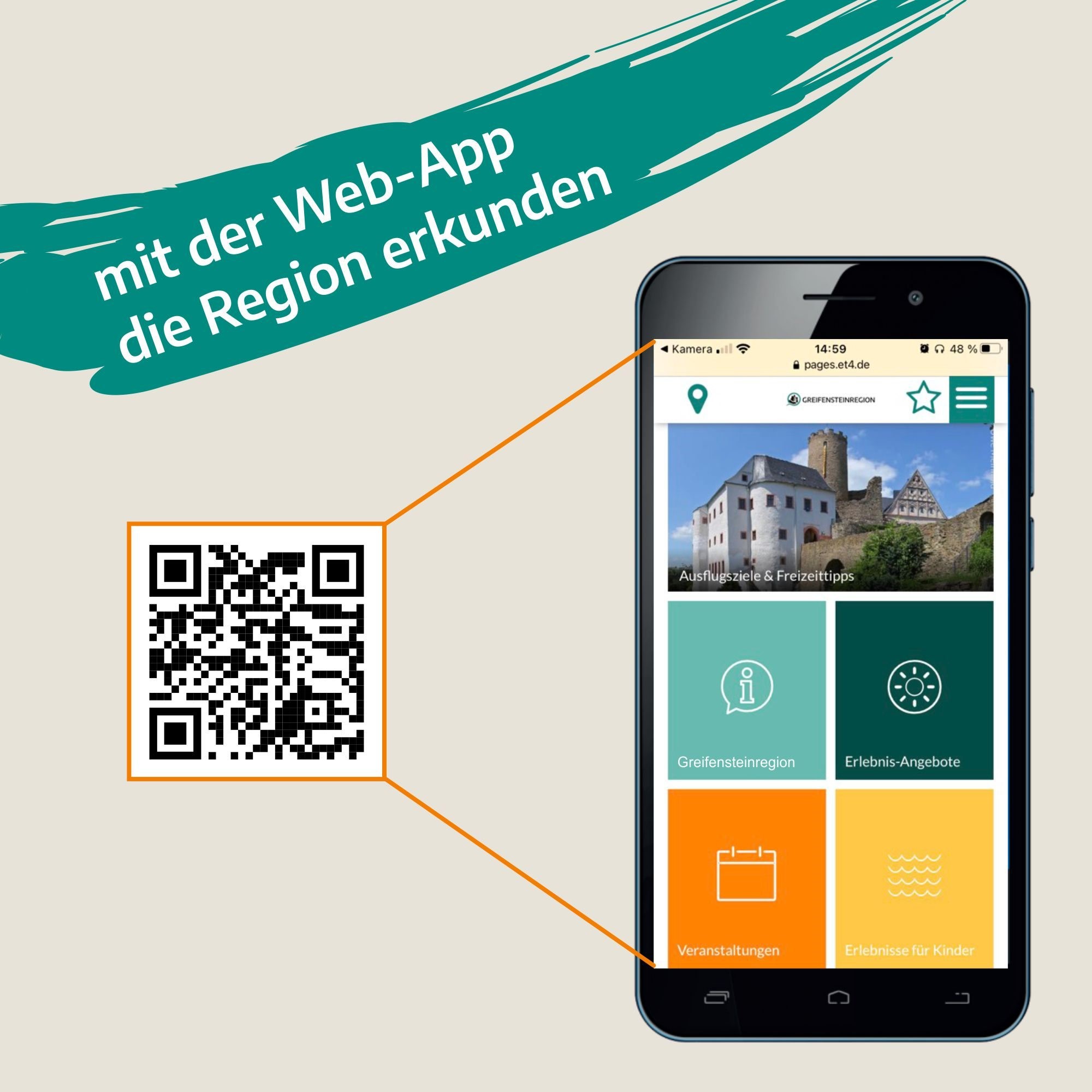 Smartphone-Bioldschirm mit QR-Code zum Herunterladen der neuen web App